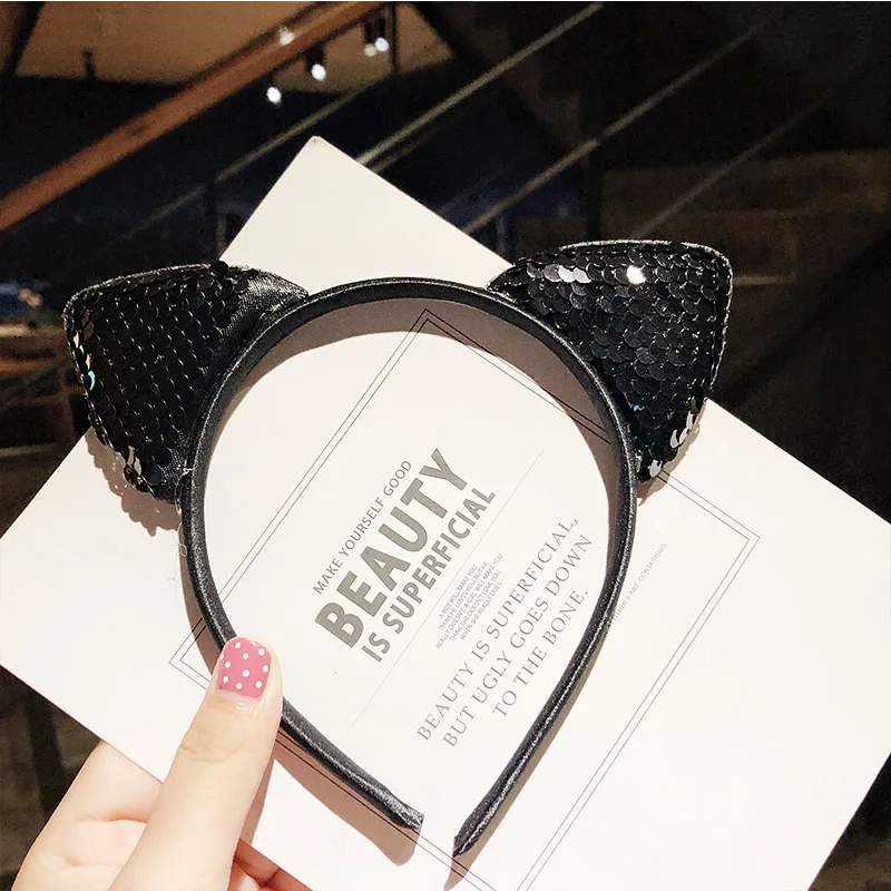 black cat ears Новые милые разноцветные Блестки для девочек с бантом и кошачьими ушками, ободки для волос, прекрасный орнамент для волос, праздничный обруч, модные детские аксессуары для волос - Цвет: black cat ears