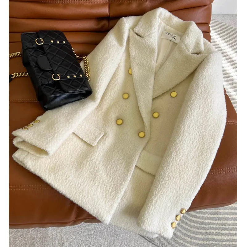 

Женский двубортный твидовый Блейзер, винтажный шерстяной пиджак с длинными рукавами и золотыми пуговицами, зима 21