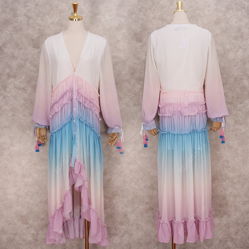 2022 шифоновое Радужное богемное платье с V-образным вырезом и длинным рукавом