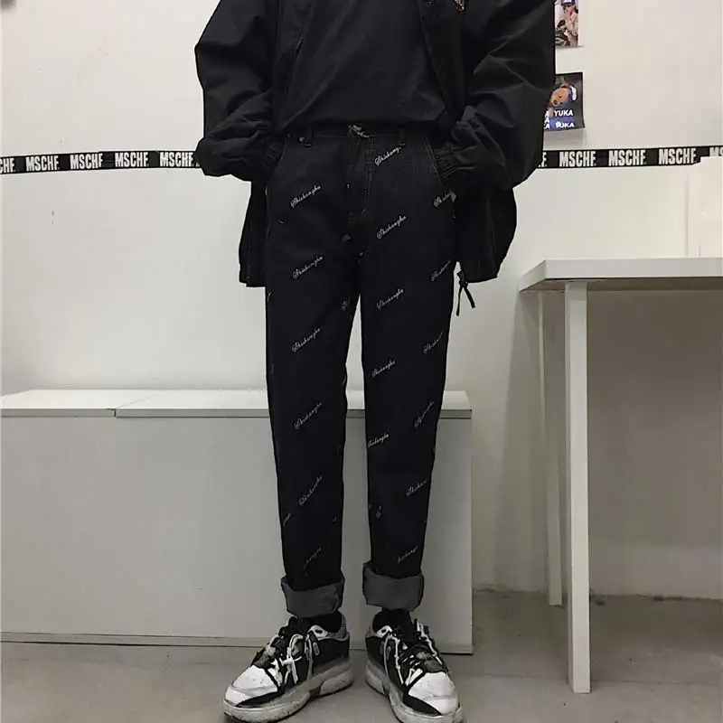 Корея Harajuku мужские джинсы осенние ретро уличные Джокер Свободные прямые