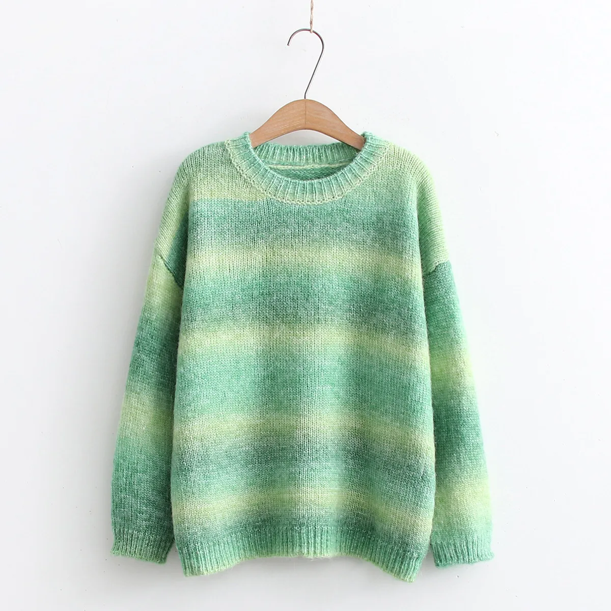 Korean Striped Gradient Casual O Neck Chic Sweater Women Autumn Winter Fashion Drop Shoulder Knitwear Loose Pullover for Female