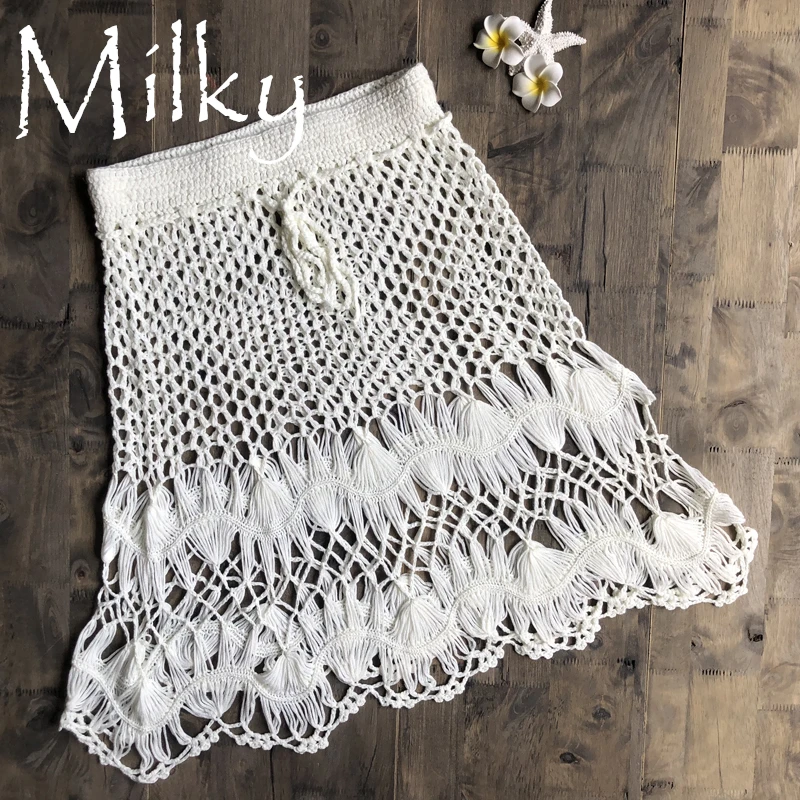 Boho хлопчатобумажная вязанная крючком мини-юбка женская летняя пляжная открытая мини-юбка с высокой талией крутая горячая распродажа