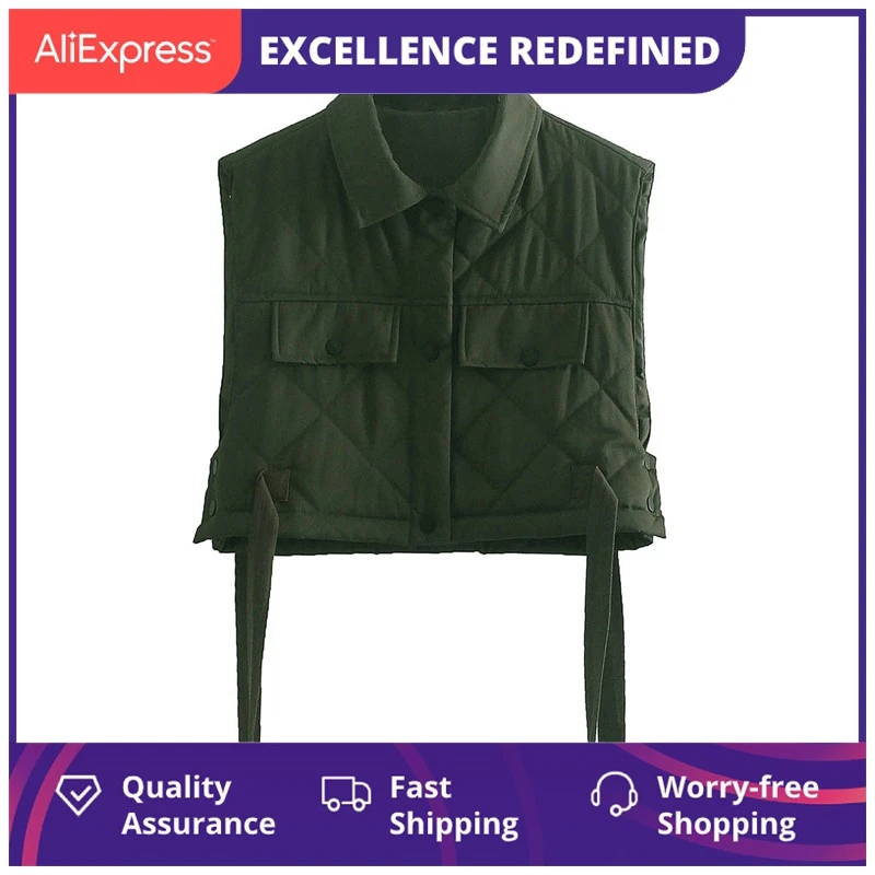 

Женский укороченный жилет, Зеленый стеганый жилет с пуговицами сбоку и отложным воротником, 2021