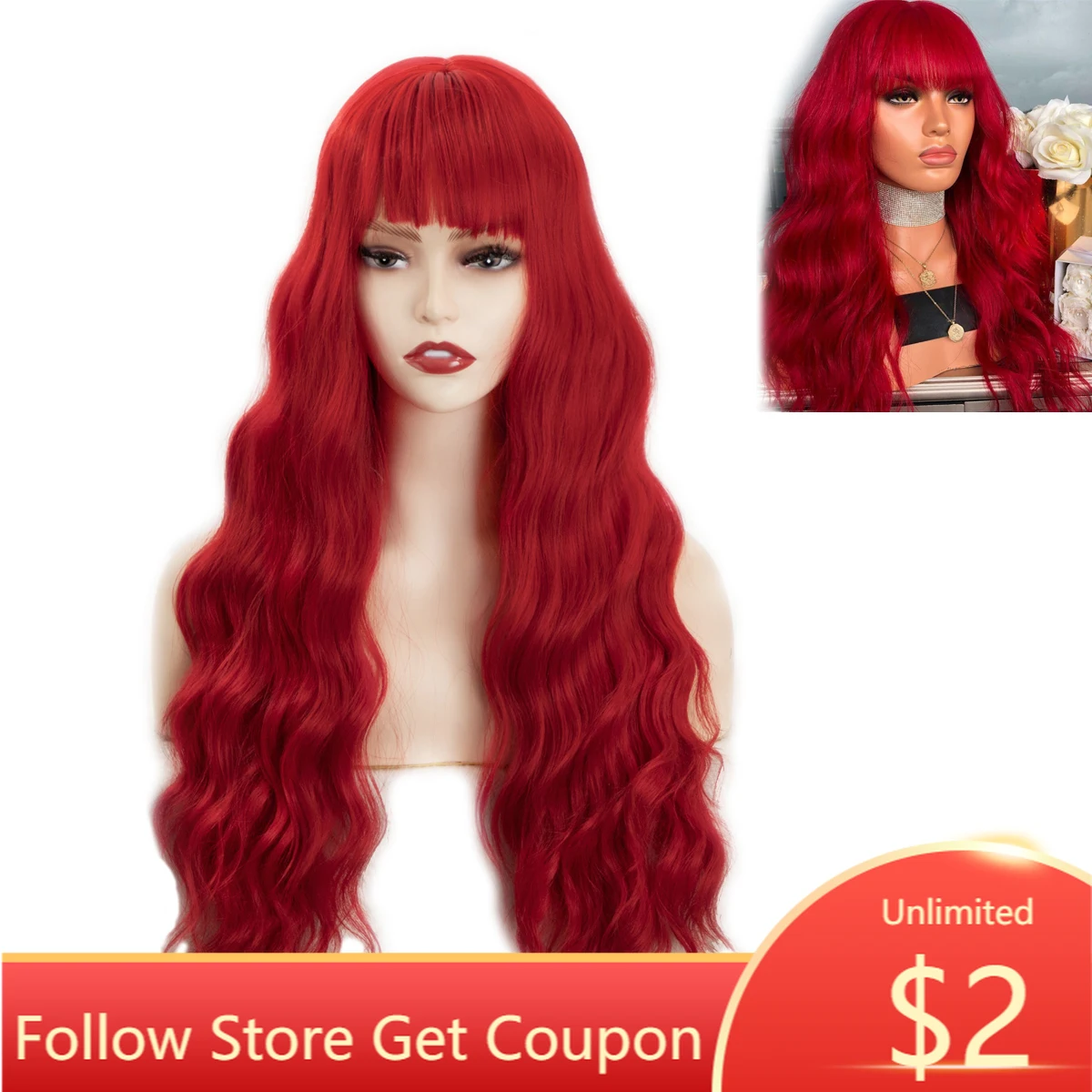 

GNIMEGIL 22" Long Colored Red Wig with Bangs Synthetic Heat Resistant Fiber Cosplay Wigs for Women Water Wave Costume Wig Soft