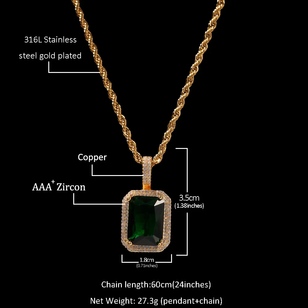 

Big Colors AAA+ Zircon Gemstone Copper Square Pendants Long Link Chain Bling Necklace for Men Women Rappers Hip Hop Jewelry Gif