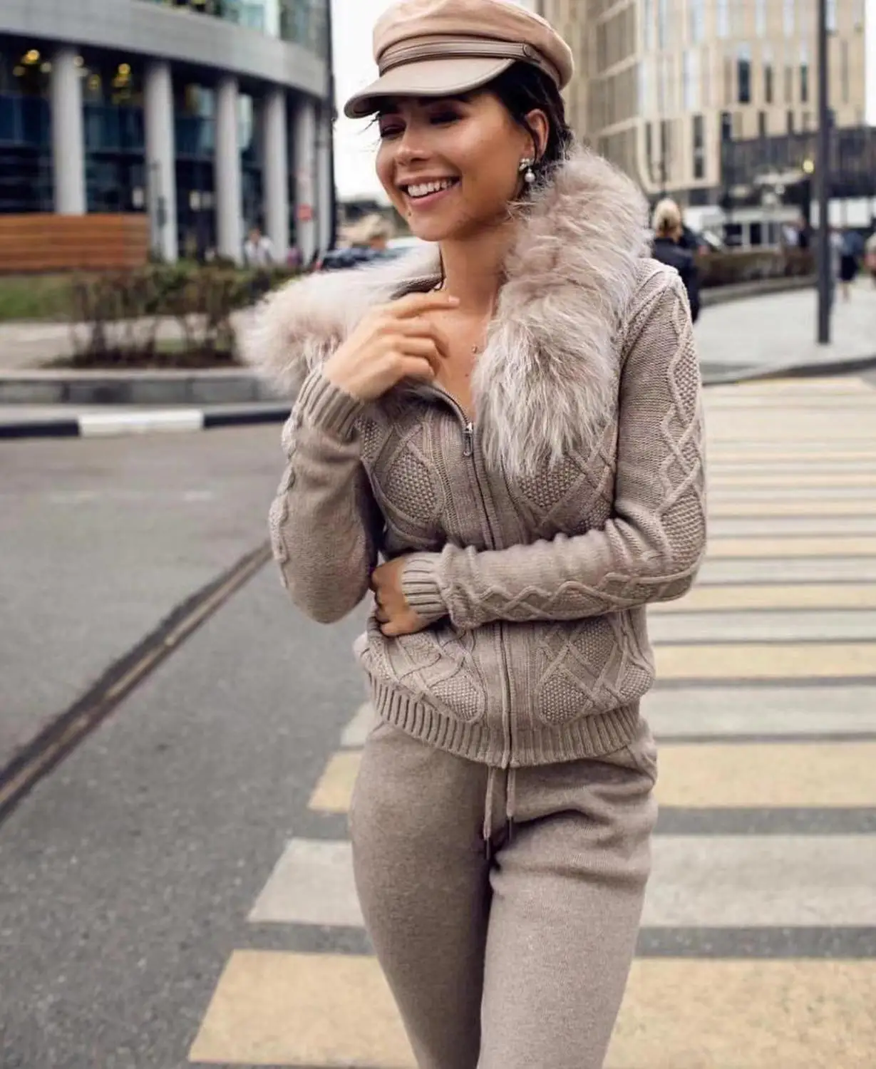 

Luxury two pieces big real fur cashmere wool suits female Beading mink cashmere Knit Pullover fur tops + wool pants sets F654