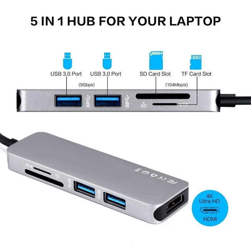 USB C концентратор type к HDMI 4K адаптер с 2 3 0 портами SD/TF кард-ридер для MacBook samsung S8/S9 huawei |