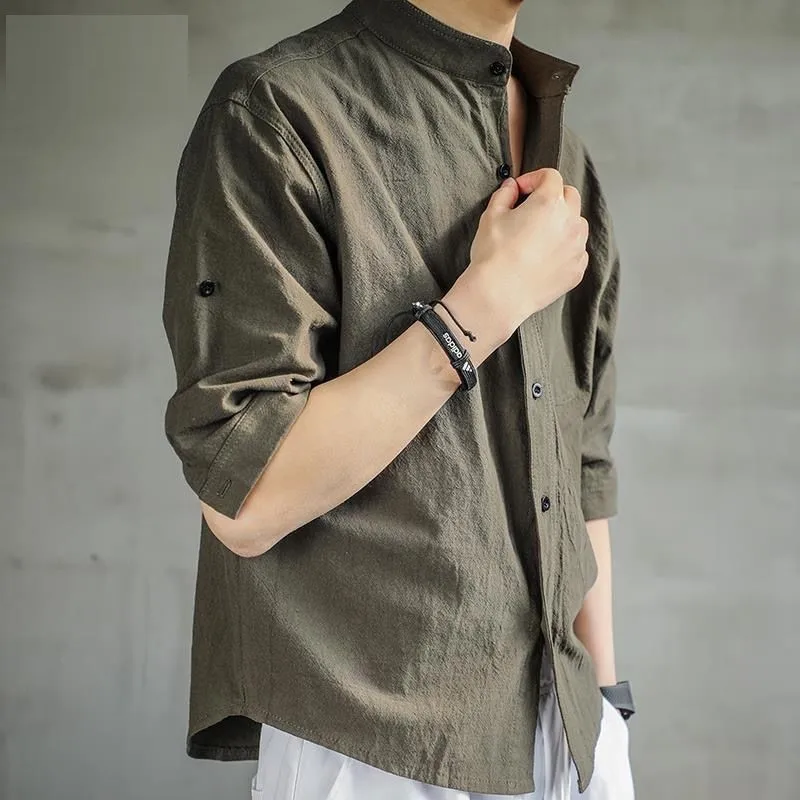 

Aransue Chinese Cheap Men Clothing Half Sleeve Shirt Casual Top Cotton Linen Cardigan Camisa De Hombre