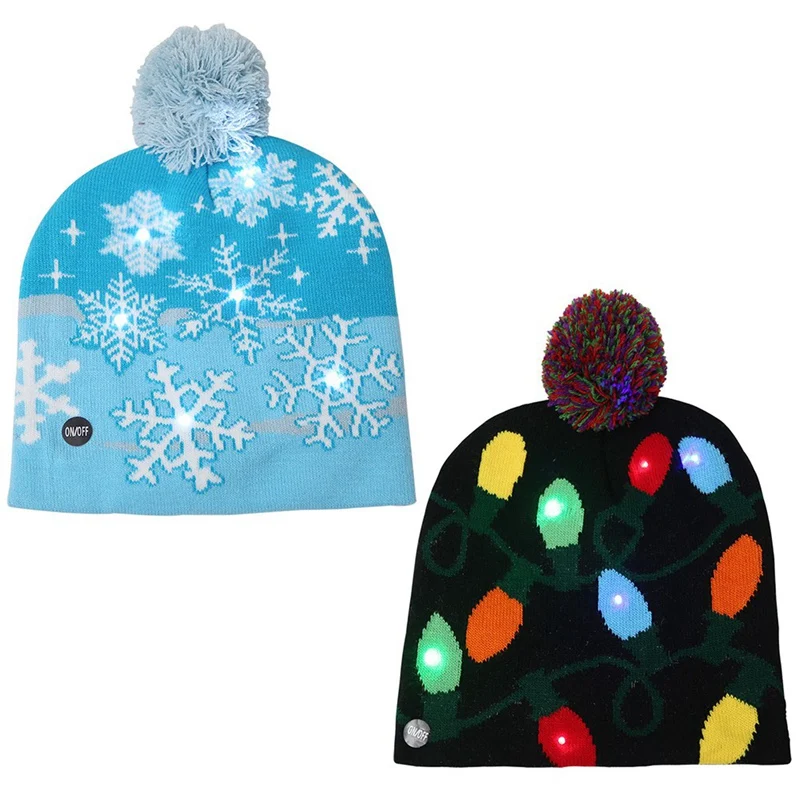 

Children Winter Pompom Knitted Hat Chritmas New Years Gifts Snowflake Printing With Lighting Wool Beanie Cap For Baby Kids