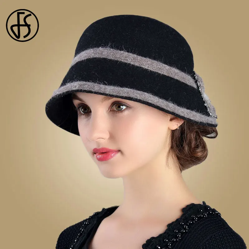 

FS Wide Brim Hats For Women Black Wool Bow Bowler Fedora Hat Chapeau Femme Feutre Winter Cloche Ladies Church Felt Fedoras Caps