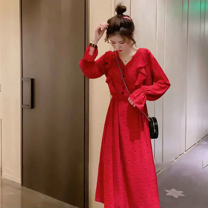 

Fashionable Autumn Winter New Retro Long Dress Chiffon Floral Dress Dresses for Women Vestido De Mujer