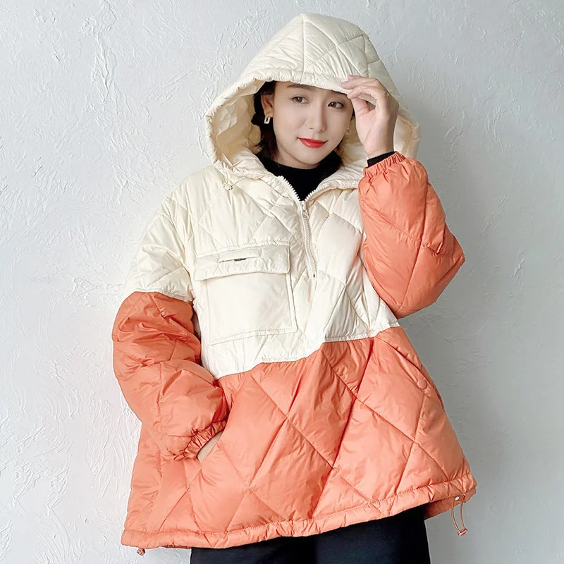 Fashion White Blue Hooded Padded Coat Loose Warm Down Jacket Female Zippers Casual Tops Korean  2021 Womens Pockets Yalabovso