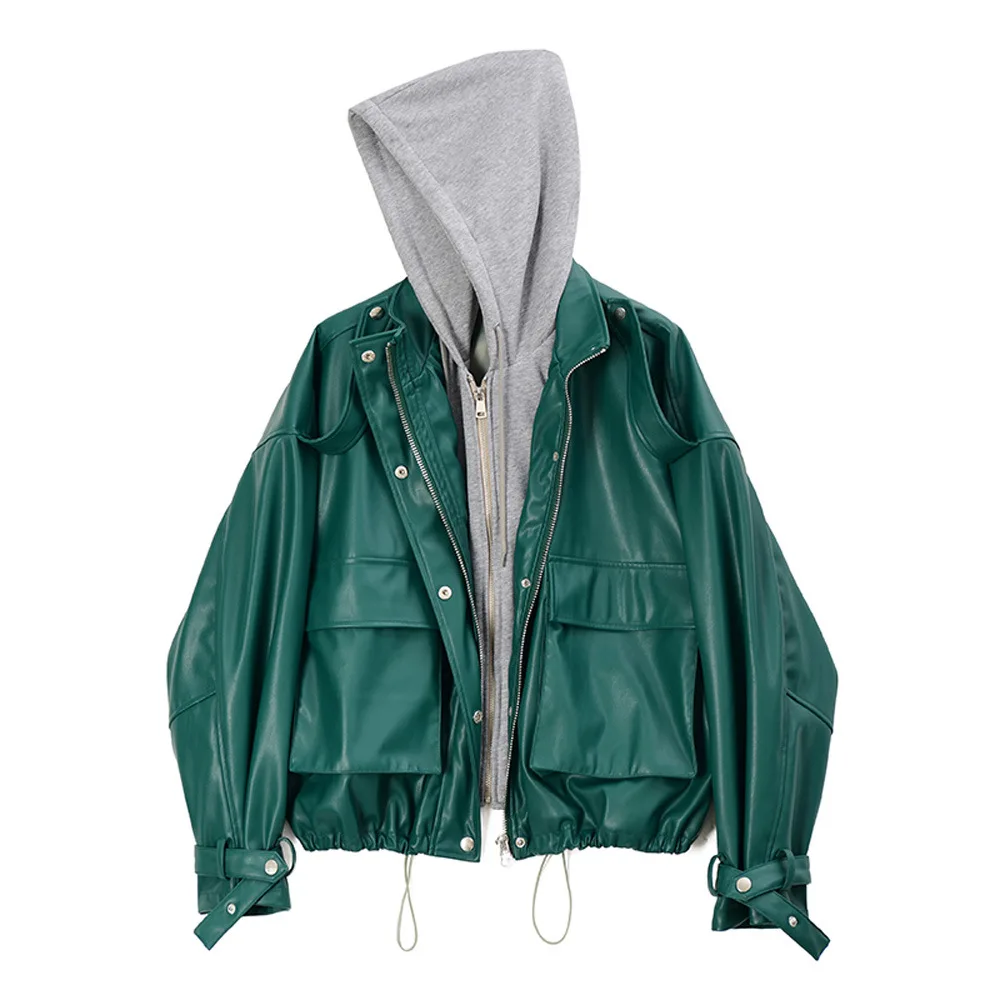 

LXUNYI New Leather jacket Women 2021 Fake Two Pieces PU Leather Loose Oversized Pocket Hooded Patchwork Casual PU Coat Green