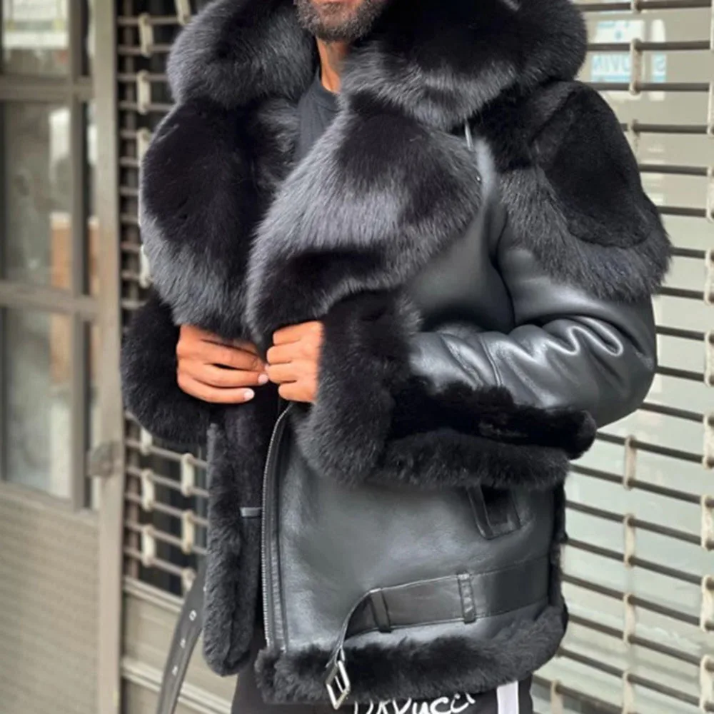 

Mens Leather Jackets Black Big Fur Collar Hooded Plus Velvet Thicken Long Sleeve Warm Zipper 2021 Autumn Winter New Mens Jacket