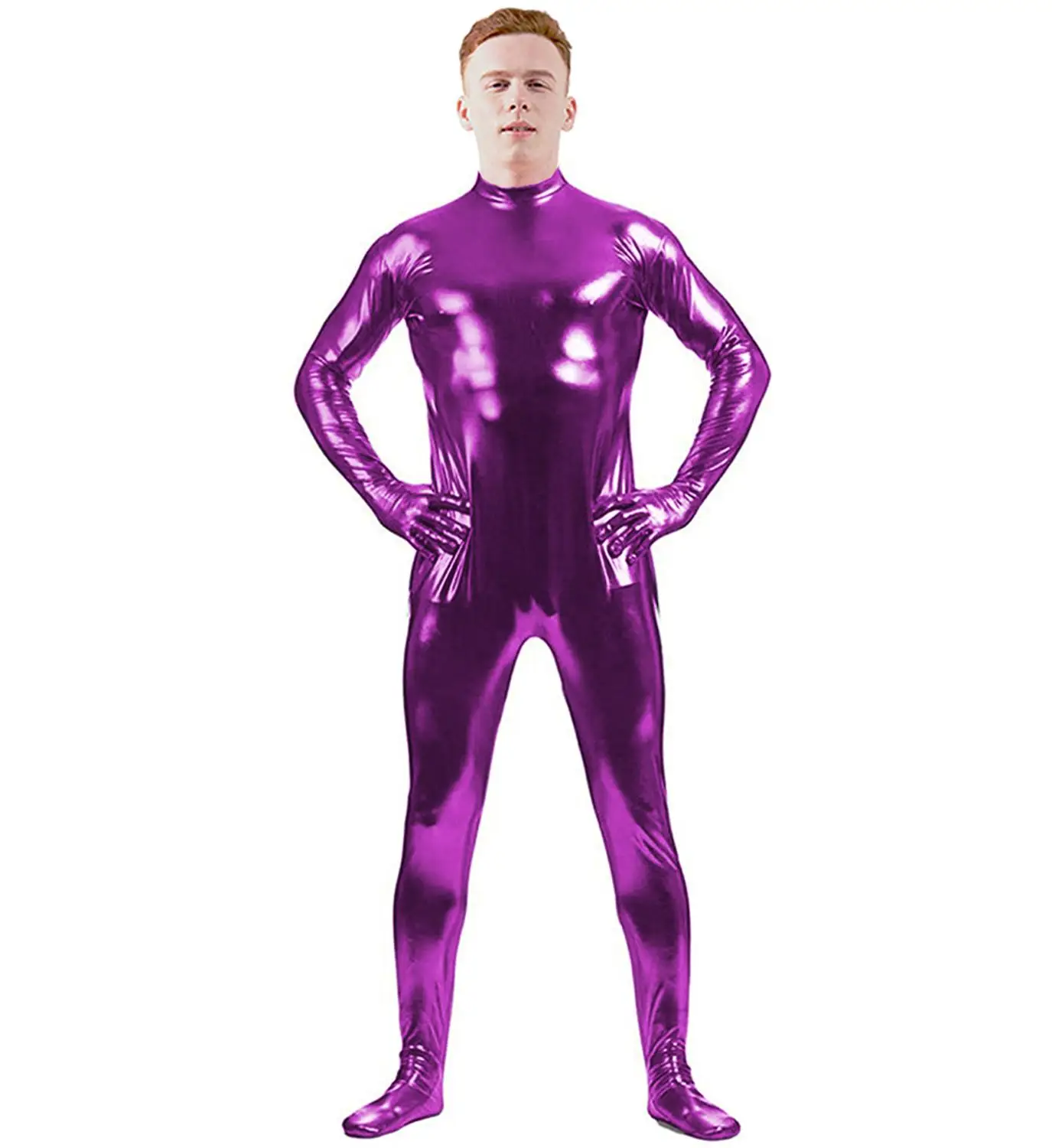 

Ensnovo Men Nylon Spandex Suit Black Shiny Metallic Tights Headless Zentai Suit Full Body Unitard Custom Skin Bodysuit