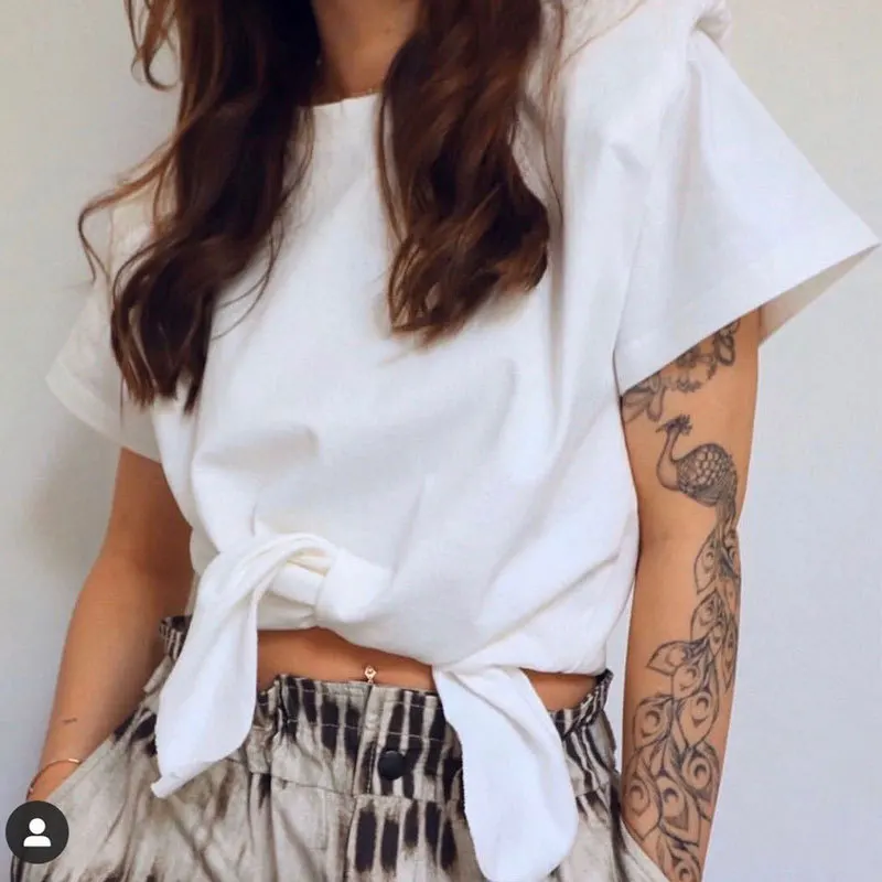 

2021 Shoulder Pad Round Neck Stitching Solid Color Short-sleeved T-shirt with Bow Tie Top Women T-shirt