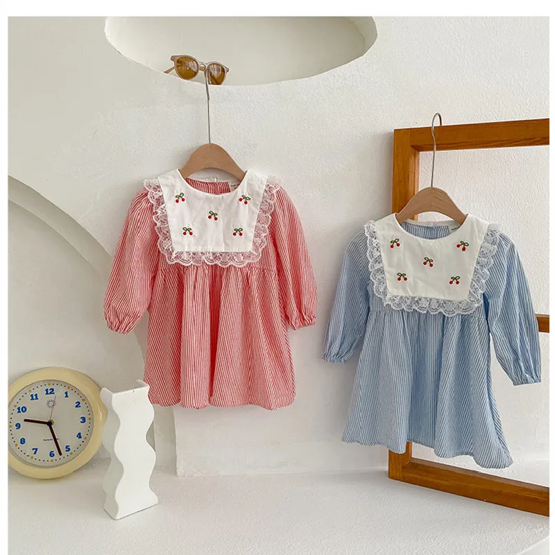 

2021 Autumn Children's Clothing Korean Lace Girls Princess Dress Cute Cherry Embroidered Lapel Girl Dress