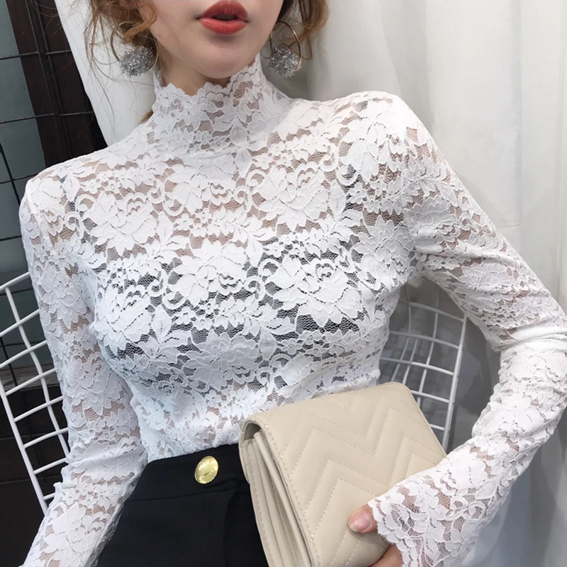 2019 Turtlneck Elegant Lace Blouse Shirt Sexy Hollow Out Embroidery feminine Blouse Women Long Sleeve Spring Summer Tops Female
