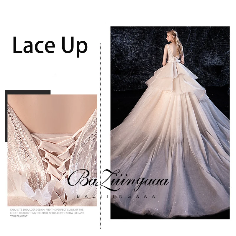 BAZIIINGAAA Luxury Royal Wedding Dress Boho Starry Sky Ruffle V-neck Lace Up Cathedral Crystal Appliques Free Custom | Свадьбы и