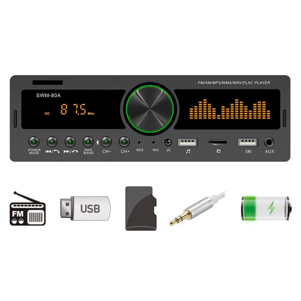 

SWM-80A Handsfree Dual USB Car MP3 Player Powerful FM Radio Bluetooth AUX TF Card U Disk Digital Media Receiver Car Accessories