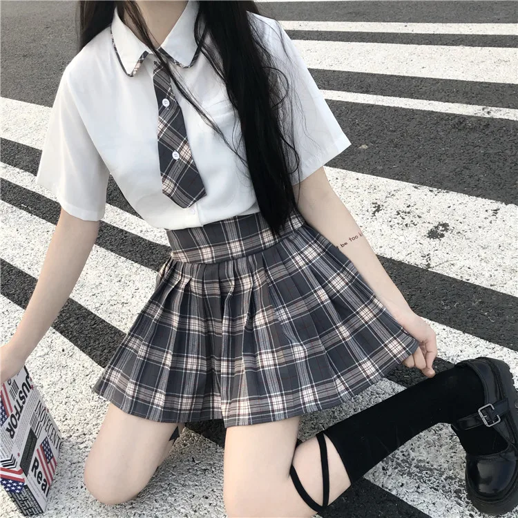 Японский женский комбинезон JK Uniforms 2020 новая рубашка с коротким рукавом, соединенная в клетку блузка, высокая расклешенная юбка школьного типа летом.