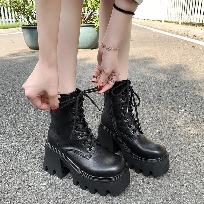 

Женские ботинки на очень высоком каблуке, теплые зимние ботинки до щиколотки, Нескользящие черные ботинки-гладиаторы, мотоциклетные ботинк...