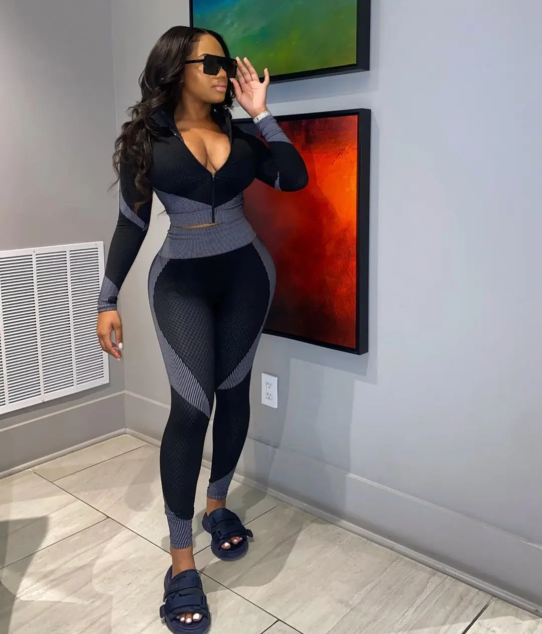 

New printed long-sleeved zipper color-blocking two-piece suit Fashion sports and leisure fitness clothes women's suit 2021