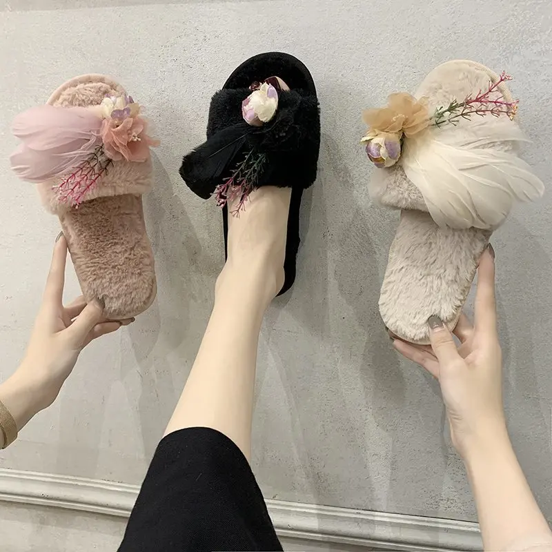 

Fur Women Slippers New Autumn Winter Slippers Flower Warm Shoes Woman Slip on Flip Flops Fur Slippers Female Slides Plus Size