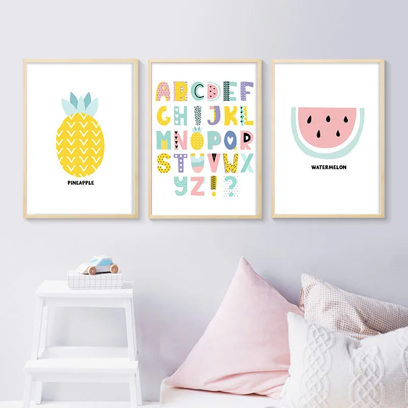 A To Z Алфавит Холст Плакаты мультфильм фрукты Nurser печать на стене искусство