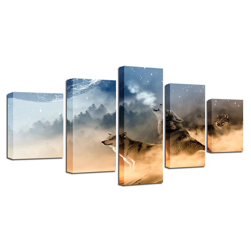 

HD Canvas Artwork Painting Prints Home Decor 5 Pieces Wall Art Wolfs Modular Pictures For Living Room Bedroom Creative Poster