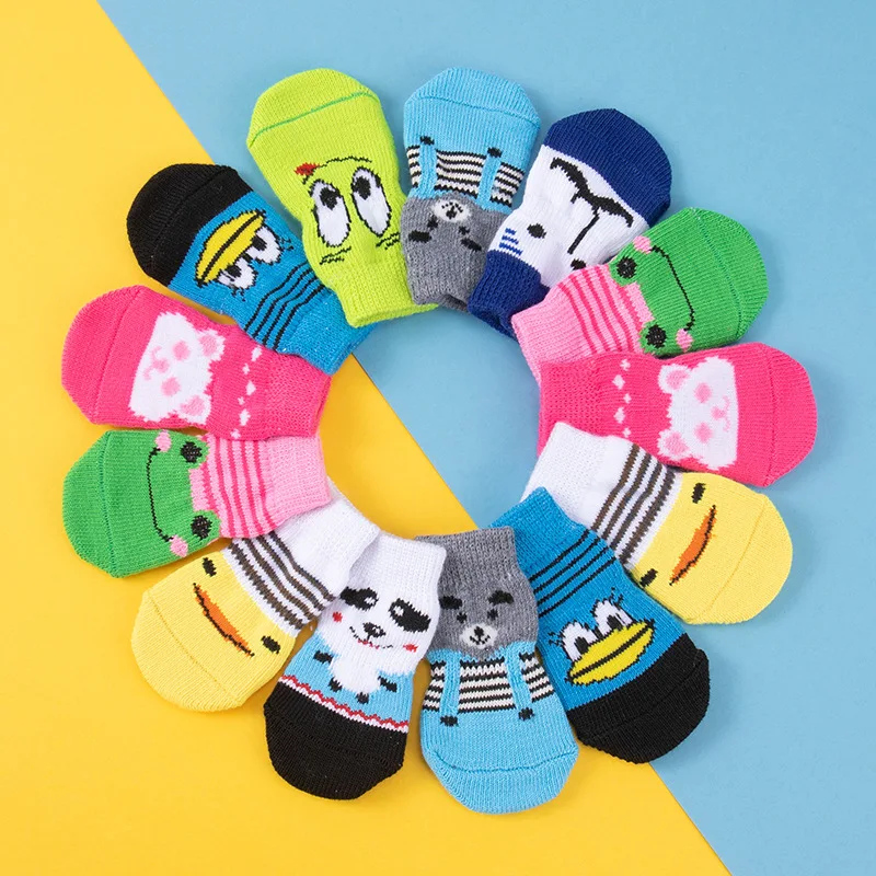 

4pcs Cartoon Knitted Pets Dogs Cats Socks Anti-Slip Knit Warm Socks Booties Chihuahua Thick Paw Botas Protector Accessories