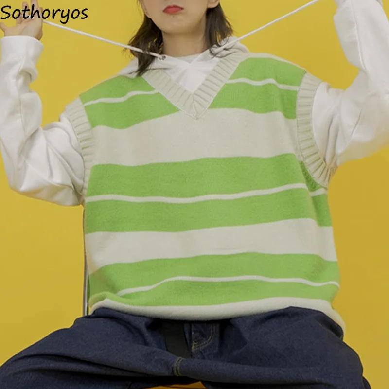

Sweater Vest Women V-neck Spring New Teens Couple Loose Screw Thread Harajuku Striped Trendy Classic Vintage Streetwear Chic Ins