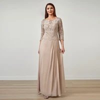 2021 new on sale elegant lace nude mother of the groom dresses jewel neck with 34 sleeves wedding party gowns wholesale chiffon