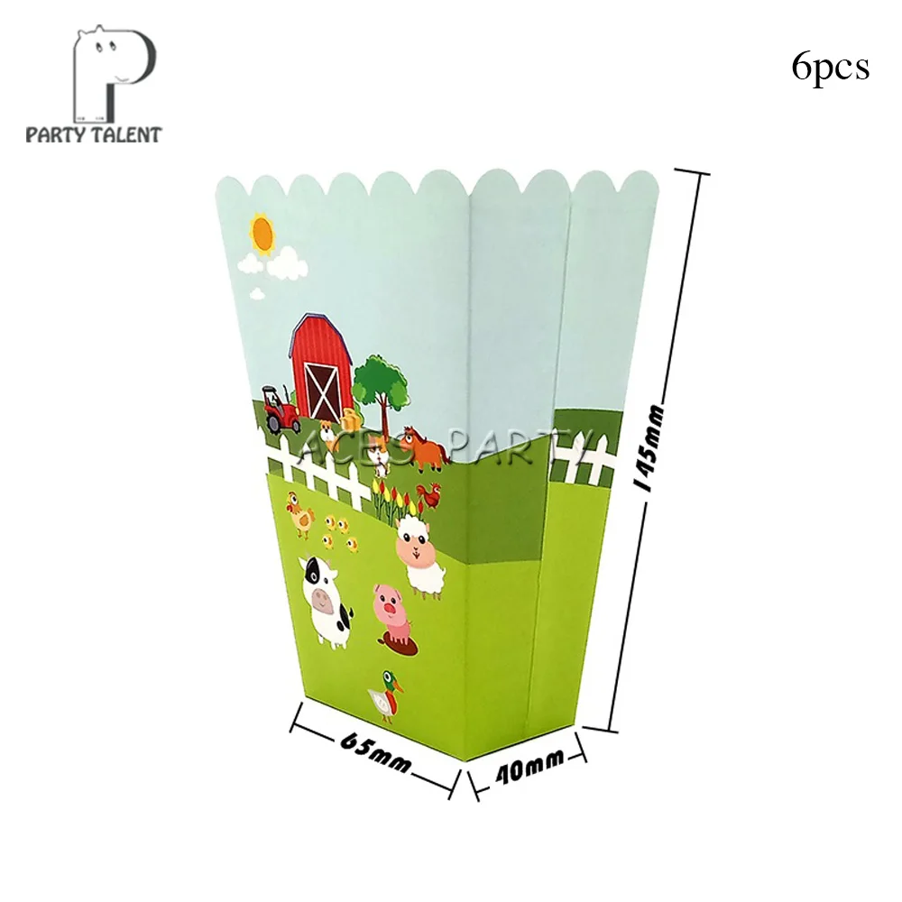 6pcs popcorn box Boys Kids Farm Animal theme table cloth table cover, birthday party Tableware Balloon Candy Box Flag Plate Cup Party Supplies - Цвет: 6pcs popcorn box
