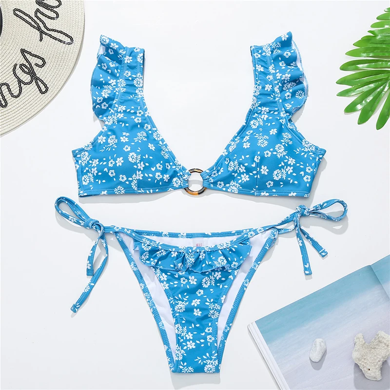 

Nifty Falbala Female Low Waist Bikini Set Back Bandage Swimwear 2021 Bandeau Lace Trimming Bathing Backless Monokini
