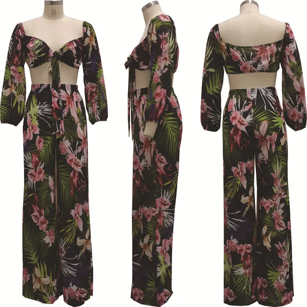 

Ladies Trousers Suit Long Sleeves Wrapped Chest Stitching Mid-Waist Fashion Printing Two-Piece Suit New Arrival Women's Suits