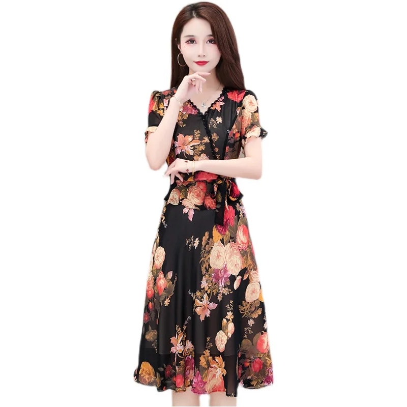 

Women's Dress Fashion Casual Dresses Long Sleeve V-neck Dress Korean Thin Printing Summer New Large Size Chiffon