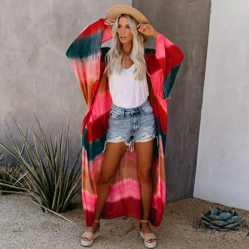 

Fitshinling Tie Dye Print Beach Kimomo Swimwear Summer 2021 Colorful Vintage Bikini Cover Up Bohemian Oversize Long Cardigan New