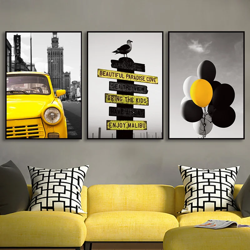 Уличный пейзаж желтый автобус строительство зонтик лес воздушный шар Холст