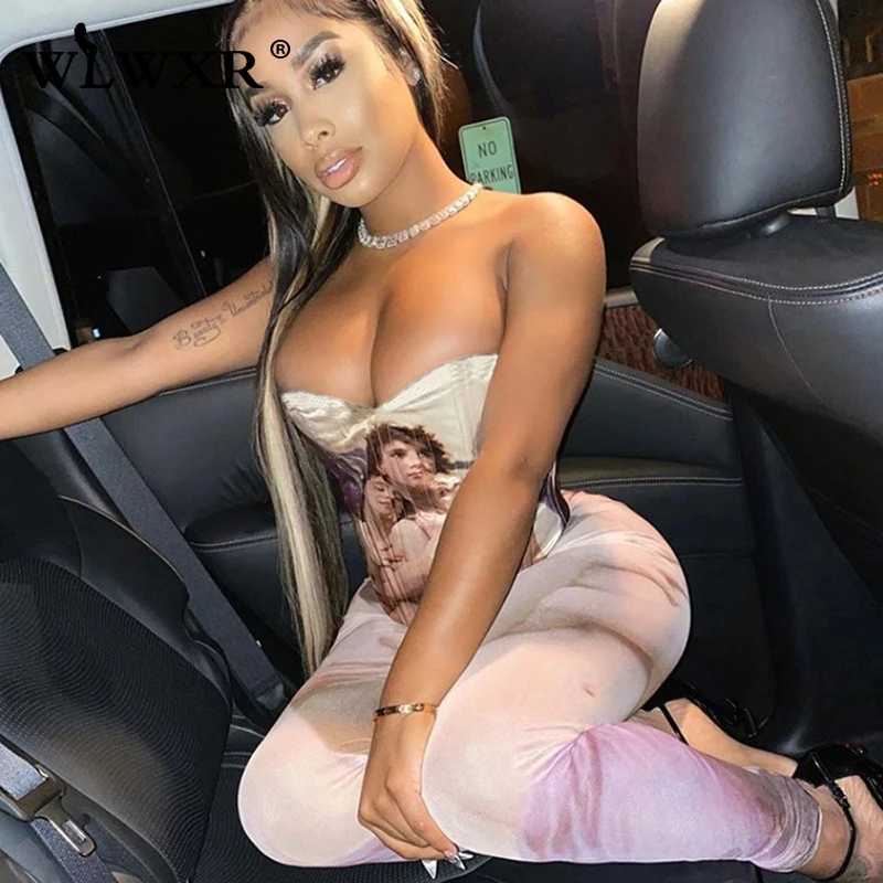 WLWXR Oil Painting Off Shoulder Summer Romper Women Sexy Bodycon Jumpsuit Female Backless Club One Piece Ladies | Женская одежда