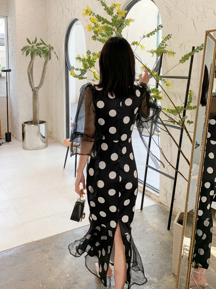 

High-End Mesh Stitching Puff Sleeve Polka Dot Dress 2021 Summer High-Waist Fishtail Ruffled Dress Round Neck Elegant Maxi Dress