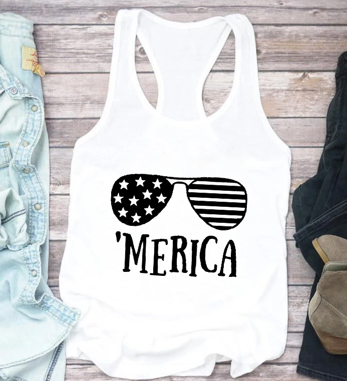 4th of July vest Merica tees Funny the Stars and Stripes glasses tank top women casual summer style shirt beach holiday tops | Женская