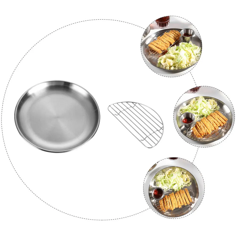 

1 Set Pork Chop Plate Cafe Salad Plate Stainless Steel Plate (23CM Plate+Rack)