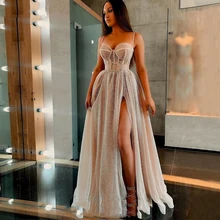 Shinny laço tule vestido de baile sem mangas uma linha fenda querida pescoço formal festa vestido para mulher alças espaguete robe de soriee (4)