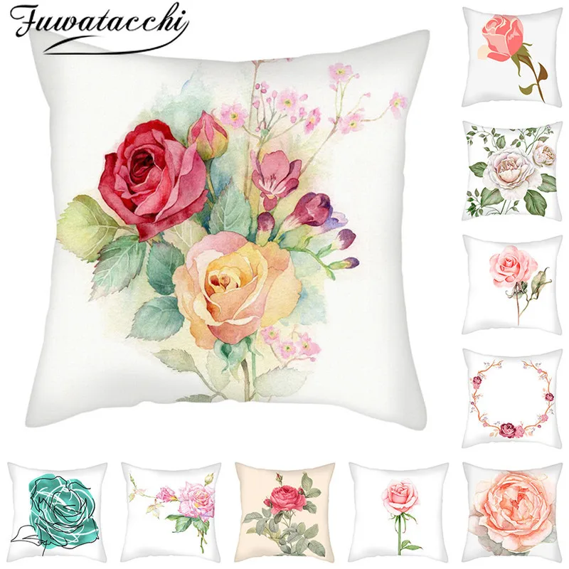 

Fuwatacchi Blooming Floral Picture Cushion Cover Rose Printed Pillow Covers for Home Chair Sofa Car Decorative White Pillowcases