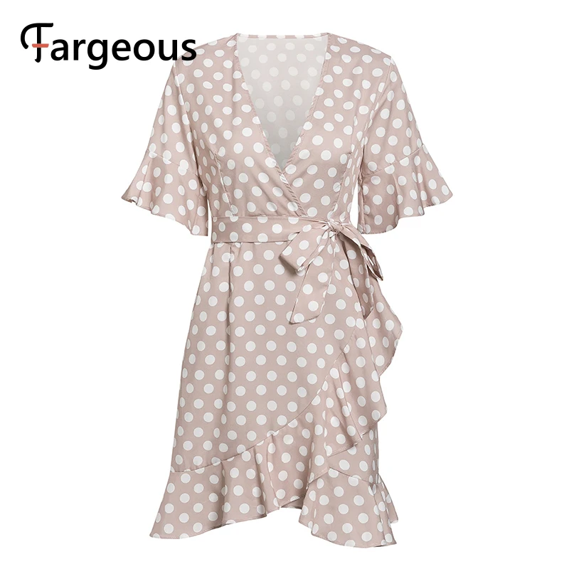 Короткое Розовое платье в горошек для женщин повседневное мини-платье с