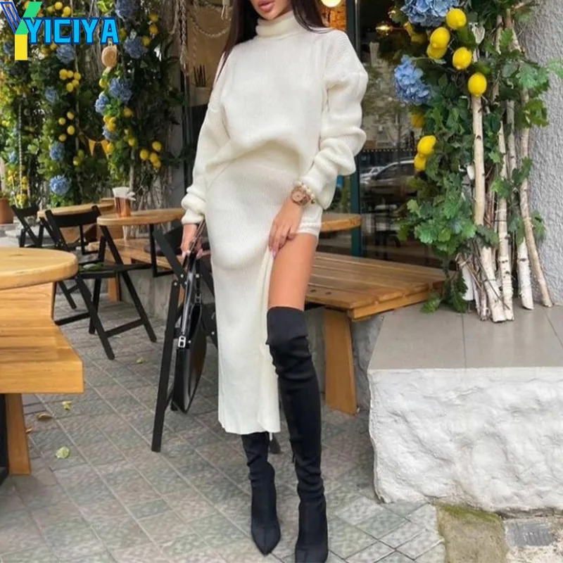 

YICIYA Knit Women's Turtleneck Sweater Midi Skirt Set 2022 Winter Long Sleeve Pullovers Side Split Skirts Sets Ladies Sexy Suit