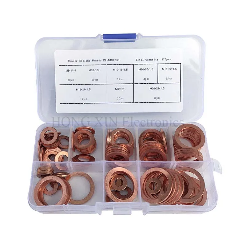 

120pcs Copper Brass Gaskets Assortment Flat Washers Sealing Ring Set with Box