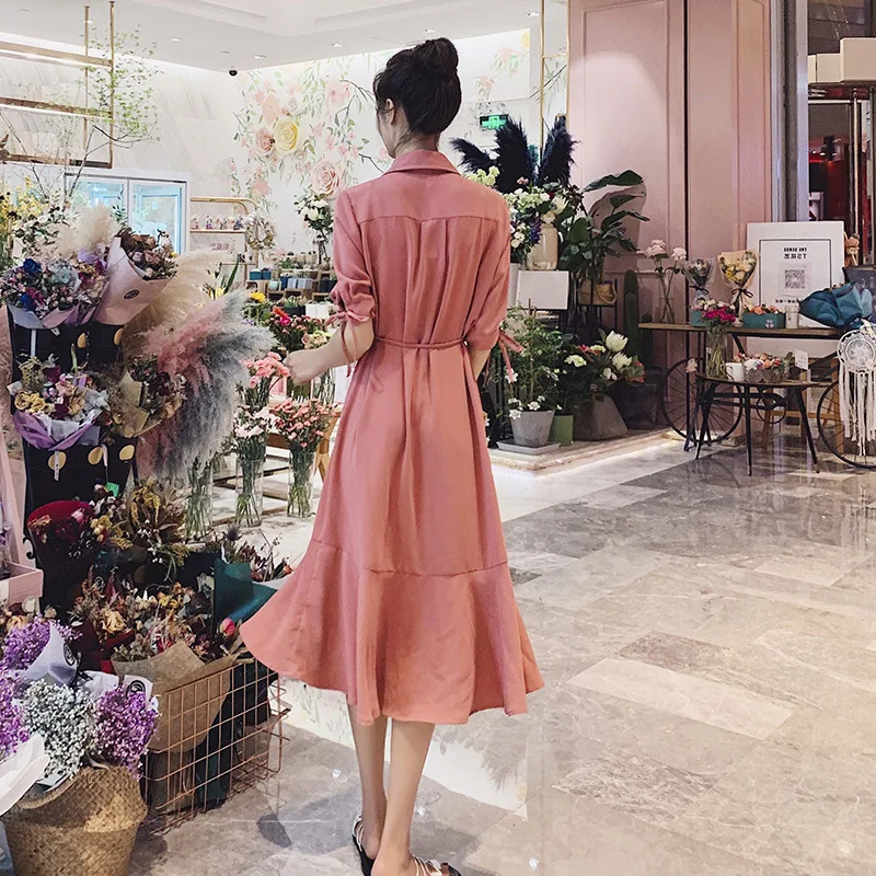 

V-neck Women Midi Dress Elegant 3/4 Sleeve Single Button Casual Dress Ruffle Patchwork 2020 Spring Vestidos