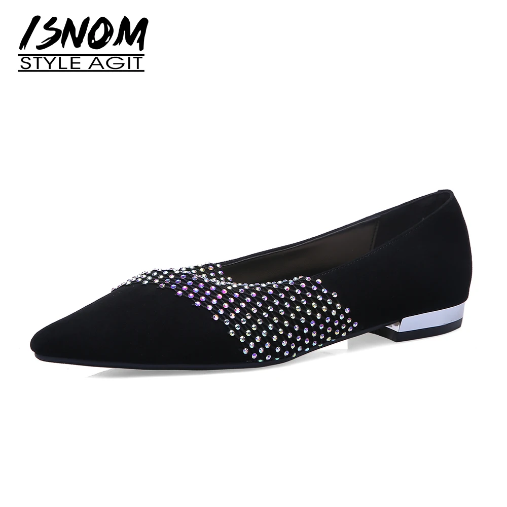 

Новинка 2021 г., Женская замшевая обувь ISNOM из натуральной кожи на плоской подошве с острым носком, слипоны на плоской подошве, блестящая обувь ...